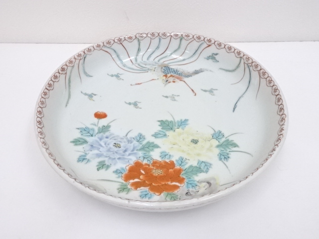 JAPANESE POTTERY LARGE PLATE / PEONY & PEACOCK 